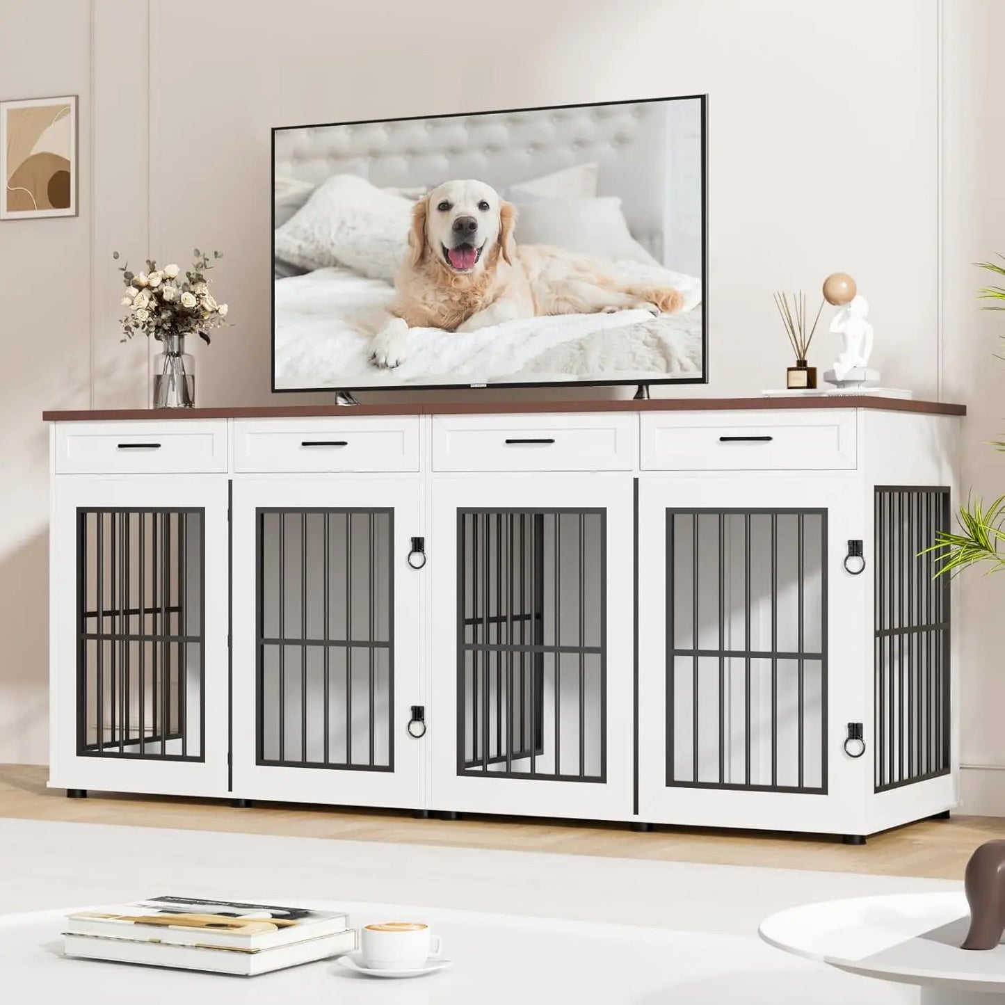 Transform your space with this extra‑large 86.7" double dog crate furniture — a stylish wooden kennel that doubles as a modern TV stand. Built for two large dogs, it features a removable divider, heavy‑duty construction