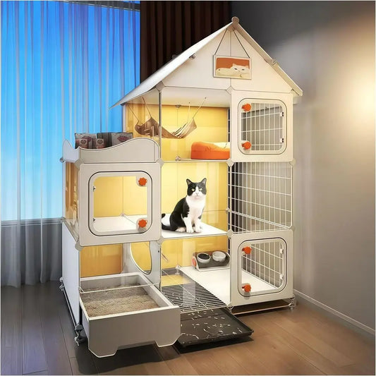 Mobile Indoor Cat House – Cat Cage with Litter Box, Wheels & Bonus Bed, Bowl and Teaser Wand