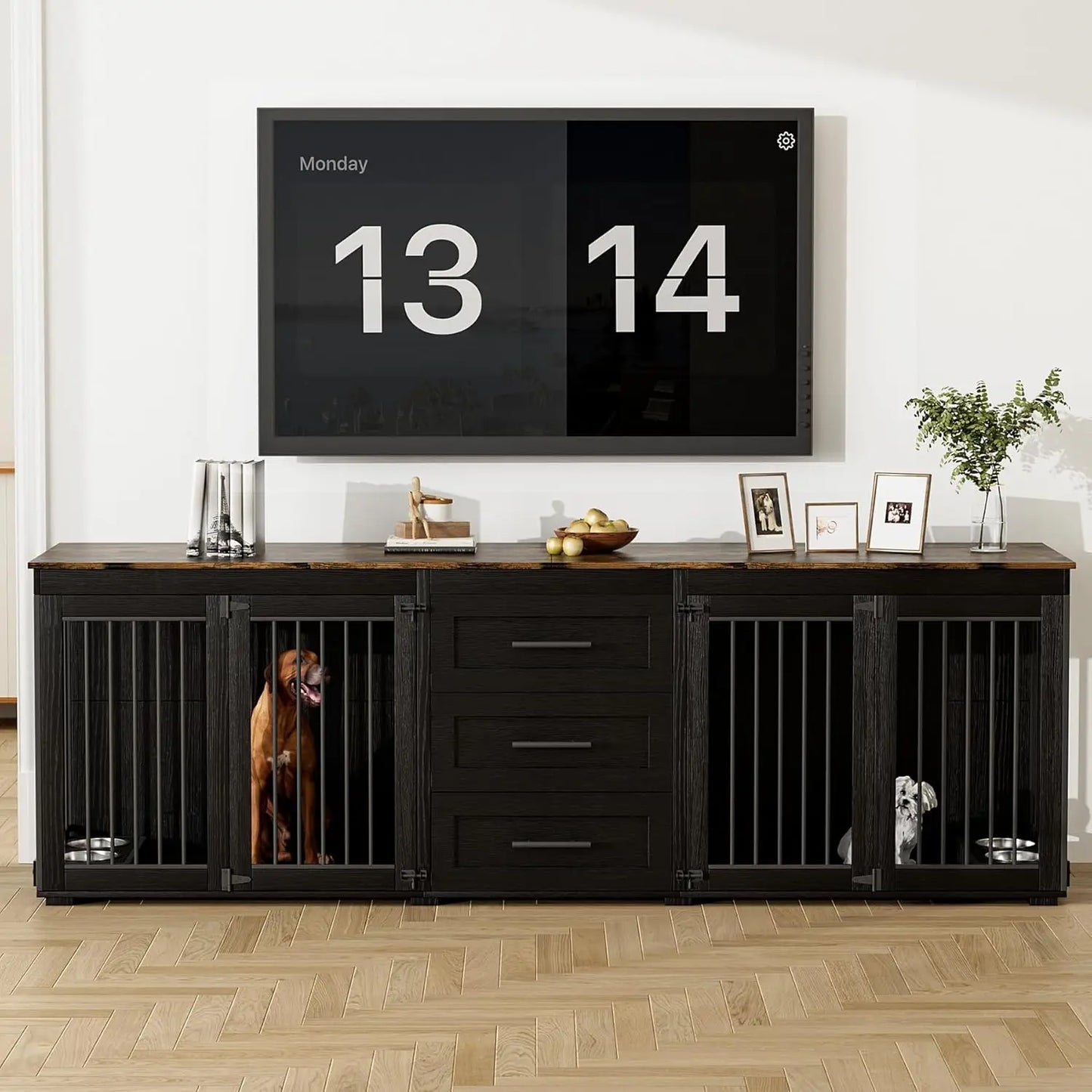 Upgrade your home with this 94.5" double‑kennel dog crate furniture — built for large dogs and designed to blend beautifully with your space. This heavy, premium wooden unit features two spacious kennels, four built‑in