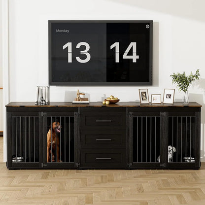 Upgrade your home with this 94.5" double‑kennel dog crate furniture — built for large dogs and designed to blend beautifully with your space. This heavy, premium wooden unit features two spacious kennels, four built‑in