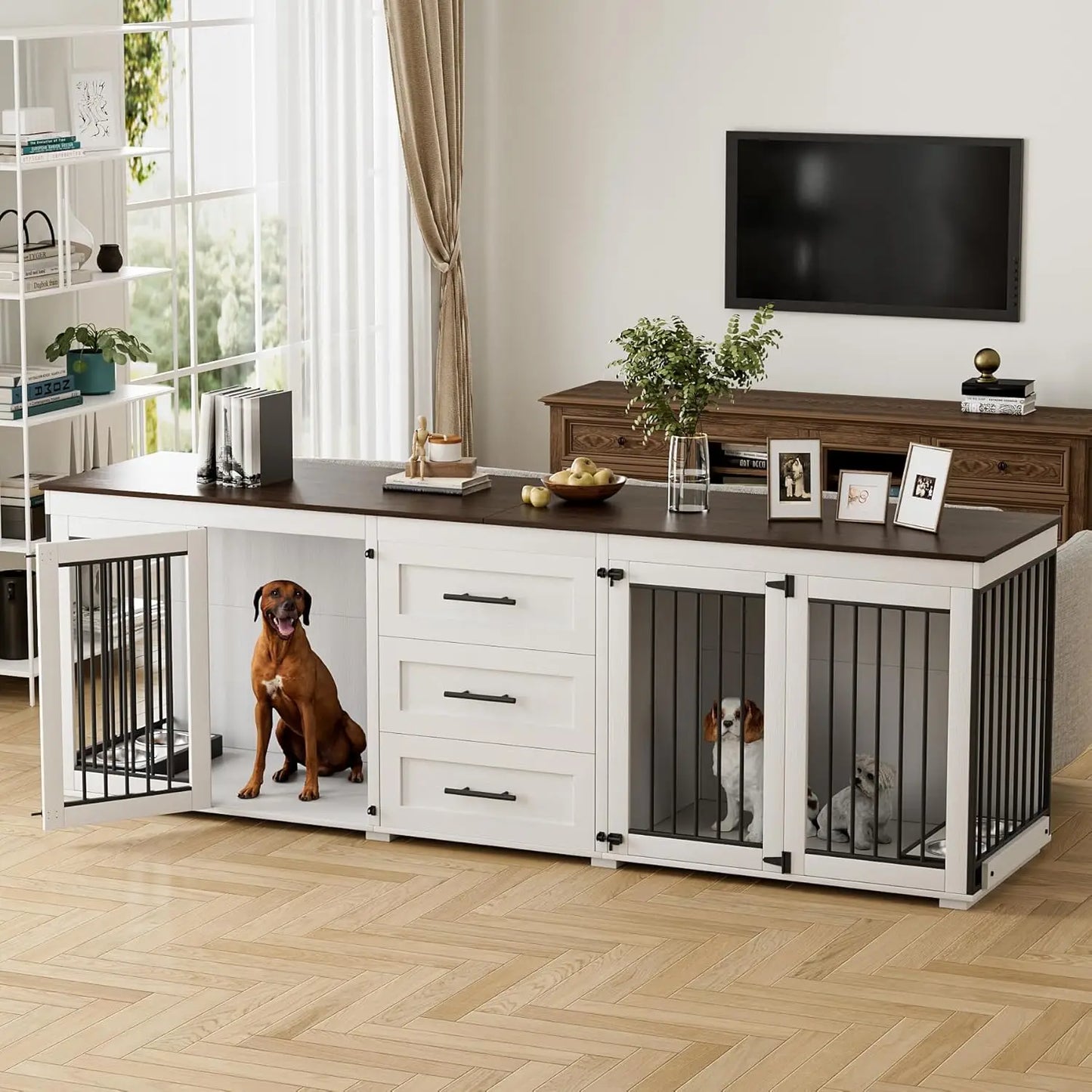 Upgrade your home with this 94.5" double‑kennel dog crate furniture — built for large dogs and designed to blend beautifully with your space. This heavy, premium wooden unit features two spacious kennels, four built‑in