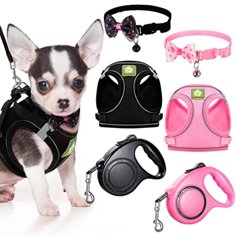 6 Pcs Small Dogs and Cats Harness with Retractable Leash and Bowknot