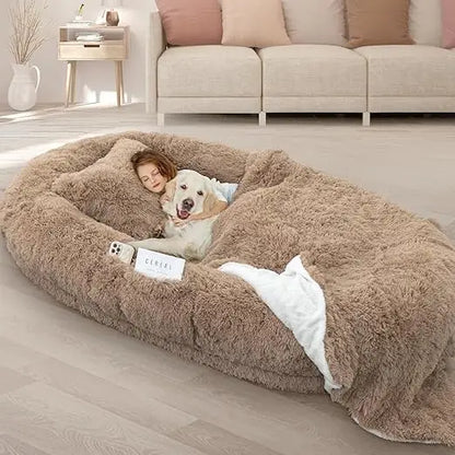 Oversized 71x45x12 Memory Foam Bed with Pillow, Blanket & Strap. Custom Grey Memory Foam Bed for Adults & Large Pets.