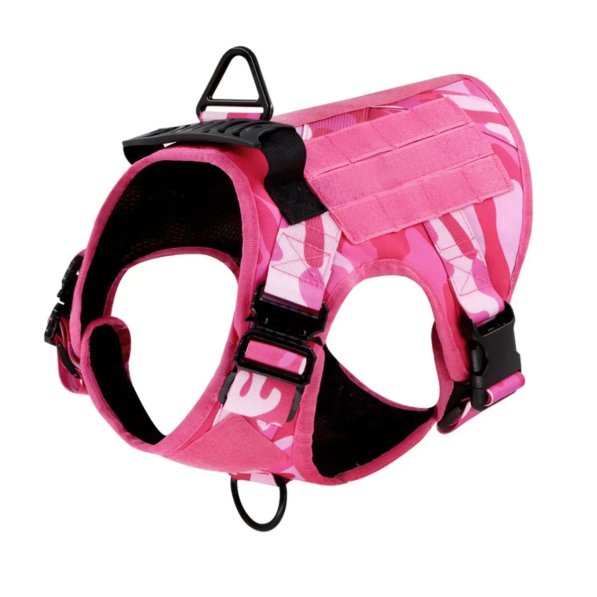 Service Dog Tactical Harness with Hook‑and‑Loop Panels, Military‑Style Pink Dog Harness with Patches.