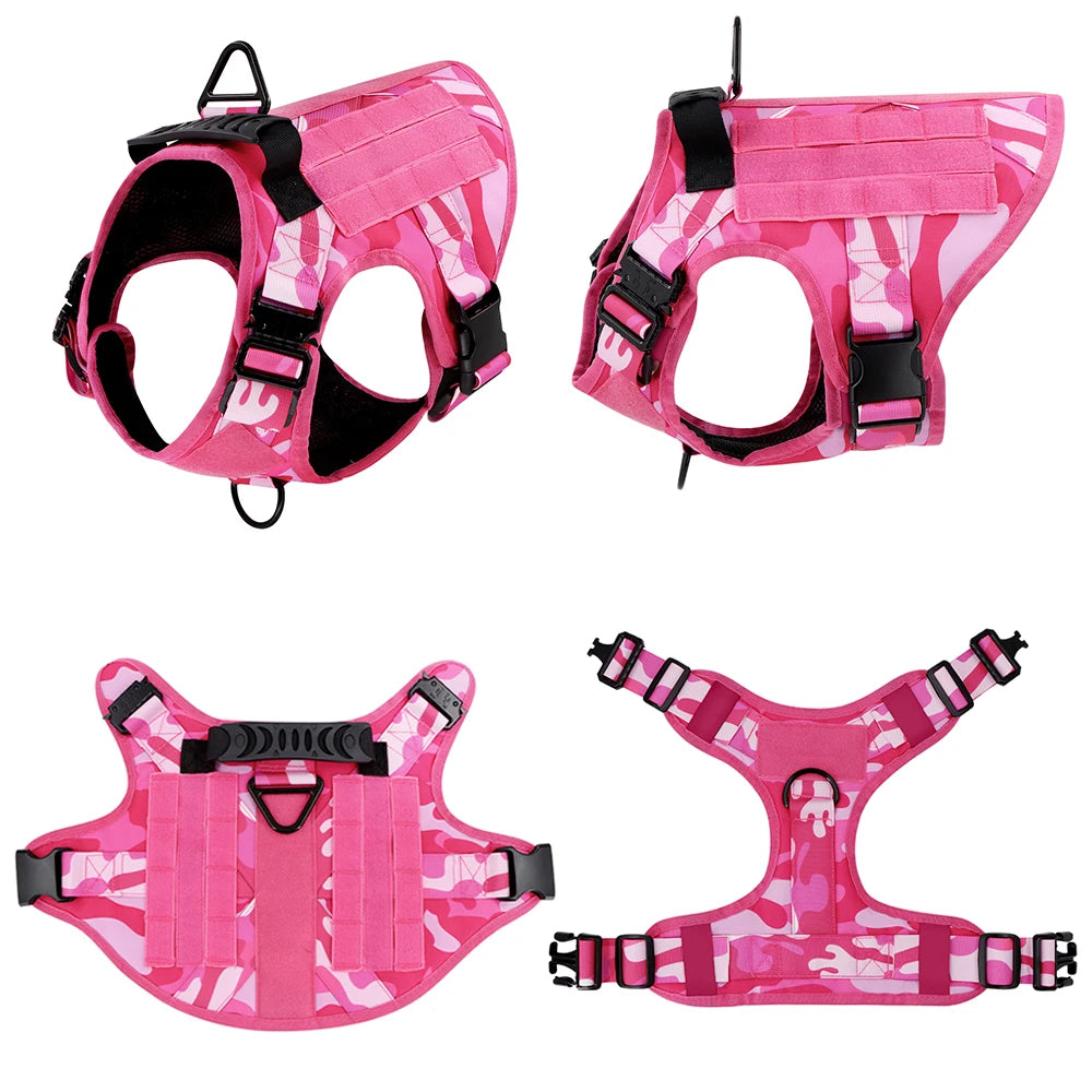 Heavy‑Duty Pink Camo Dog Harness with Control Handle, Pink Military Dog Harness Set – Training, Walking, Hunting.