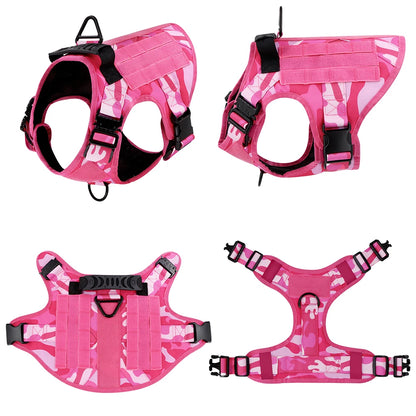 Heavy‑Duty Pink Camo Dog Harness with Control Handle, Pink Military Dog Harness Set – Training, Walking, Hunting.