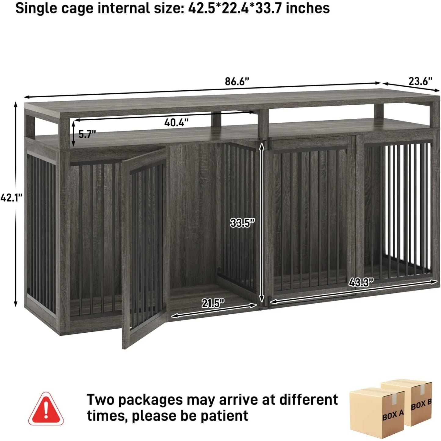 Bring farmhouse charm and heavy‑duty function into your home with this 87" wooden dog crate TV stand. Built for two large dogs, it features solid metal doors, a spacious dual‑kennel layout, and a sturdy furniture‑grade