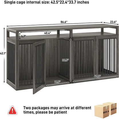 Bring farmhouse charm and heavy‑duty function into your home with this 87" wooden dog crate TV stand. Built for two large dogs, it features solid metal doors, a spacious dual‑kennel layout, and a sturdy furniture‑grade
