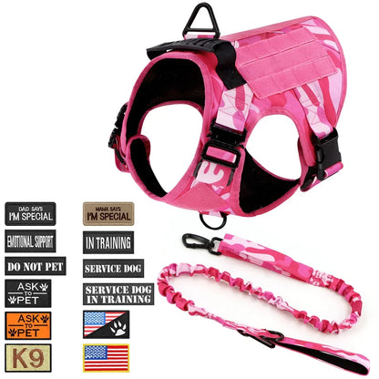 Service Dog Tactical Harness with Hook‑and‑Loop Panels, Military‑Style Pink Dog Harness with Patches.