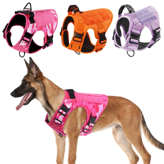 Heavy‑Duty Pink Camo Dog Harness with Control Handle, Pink Military Dog Harness Set – Training, Walking, Hunting.