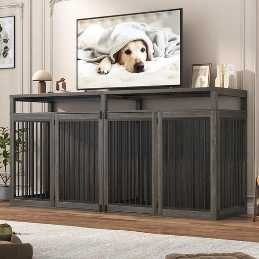Bring farmhouse charm and heavy‑duty function into your home with this 87" wooden dog crate TV stand. Built for two large dogs, it features solid metal doors, a spacious dual‑kennel layout, and a sturdy furniture‑grade