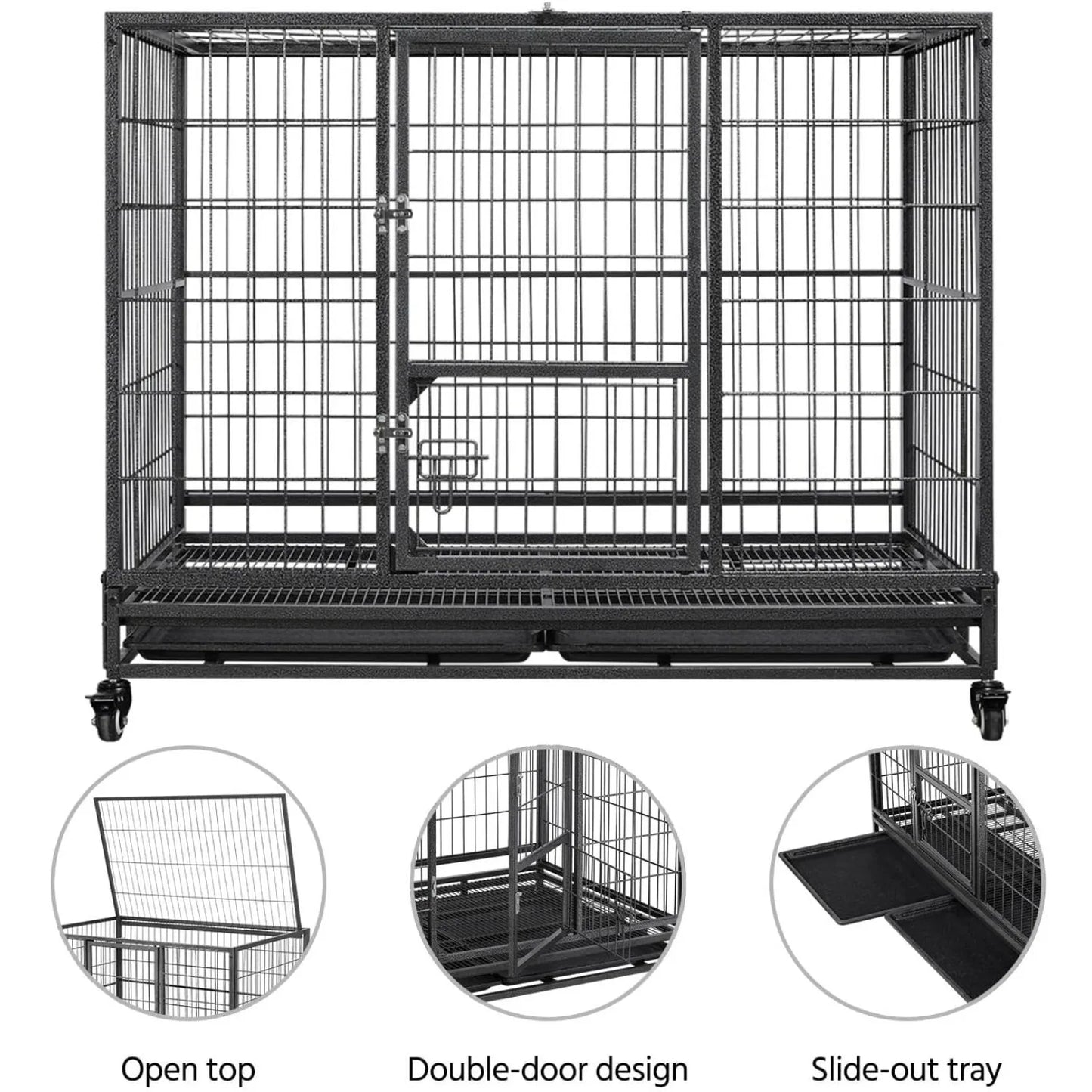 43'' Stackable Heavy Duty Metal Dog Crate Cage, 2 Tiers Escape Proof Dog Kennel w/Open Top, Lockable Wheels, Removable Tray for