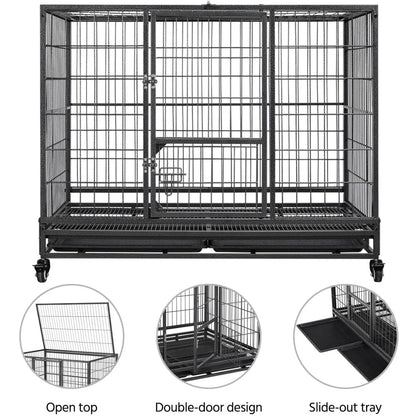 43'' Stackable Heavy Duty Metal Dog Crate Cage, 2 Tiers Escape Proof Dog Kennel w/Open Top, Lockable Wheels, Removable Tray for