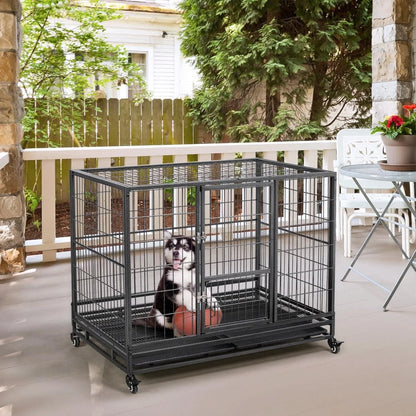 43'' Stackable Heavy Duty Metal Dog Crate Cage, 2 Tiers Escape Proof Dog Kennel w/Open Top, Lockable Wheels, Removable Tray for