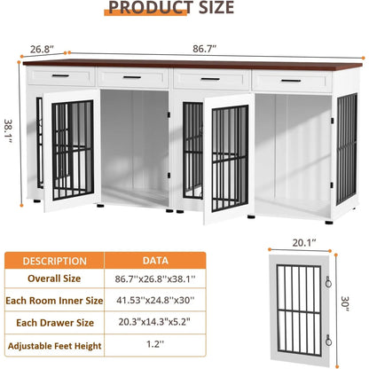 Transform your space with this extra‑large 86.7" double dog crate furniture — a stylish wooden kennel that doubles as a modern TV stand. Built for two large dogs, it features a removable divider, heavy‑duty construction