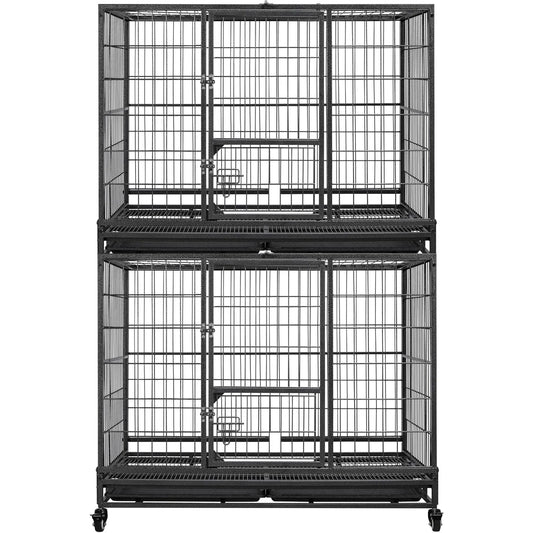 43'' Stackable Heavy Duty Metal Dog Crate Cage, 2 Tiers Escape Proof Dog Kennel w/Open Top, Lockable Wheels, Removable Tray for