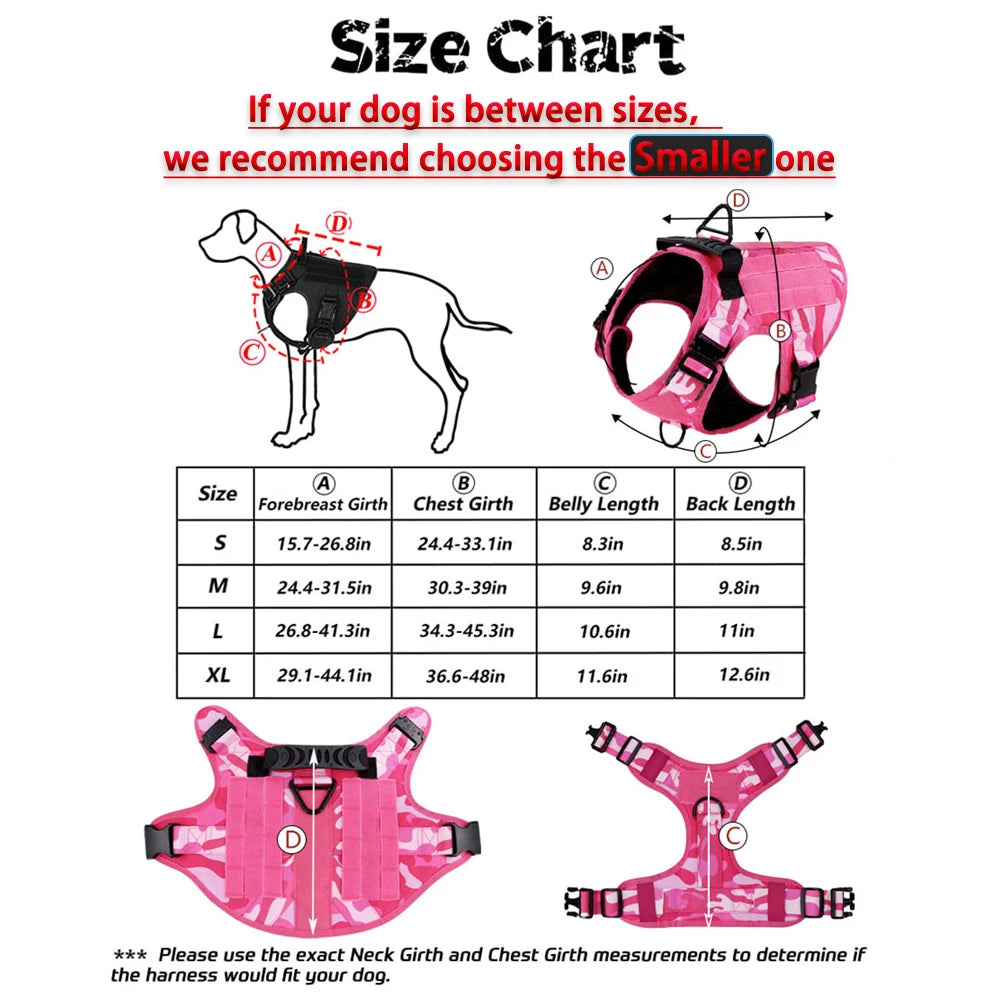 Heavy‑Duty Pink Camo Dog Harness with Control Handle, Pink Military Dog Harness Set – Training, Walking, Hunting.