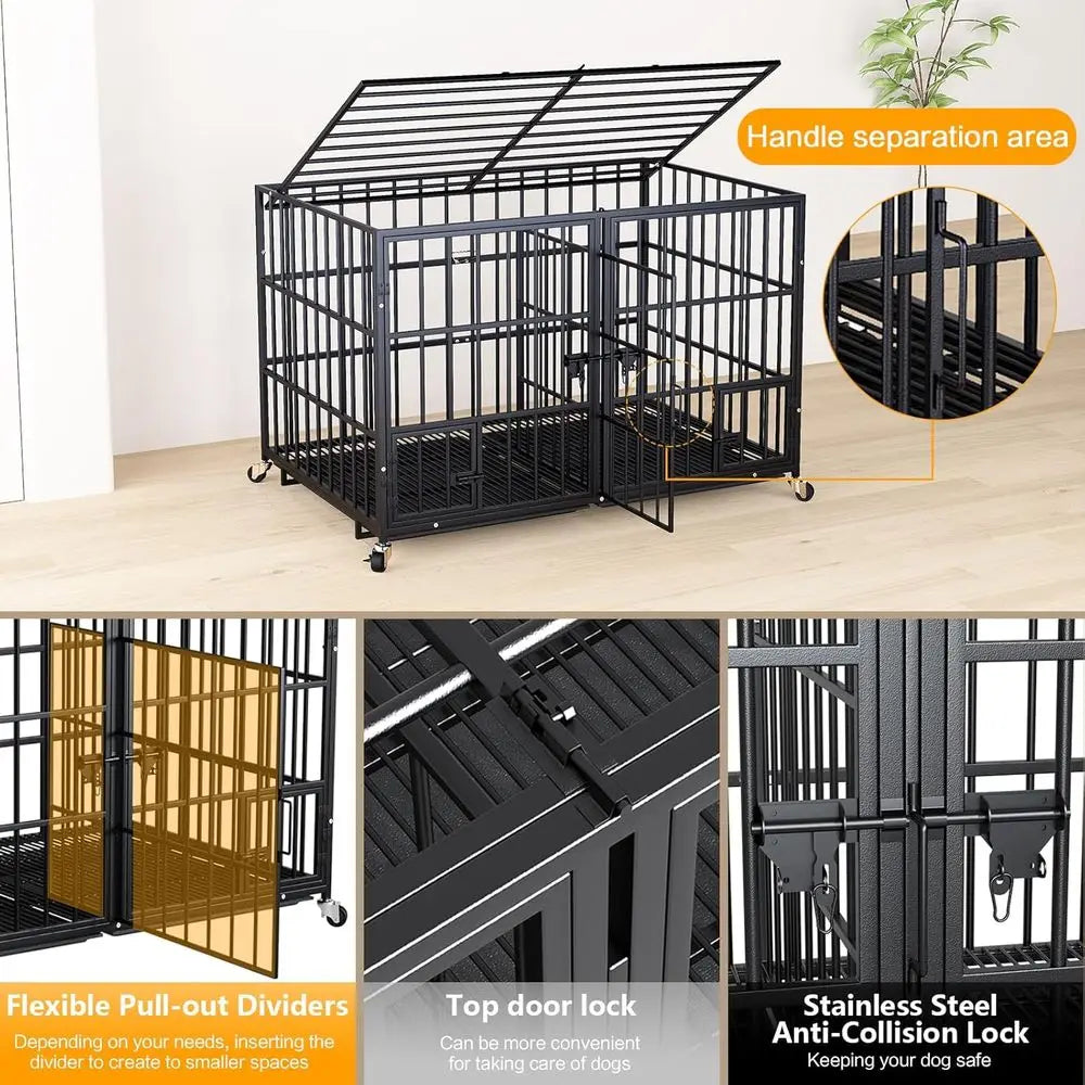 Give your large dog secure, long‑lasting comfort with this heavy‑duty metal crate. Available in 42, 48, and 54 inches, it’s built with reinforced steel, an indestructible frame, and smooth lockable wheels for easy indoo