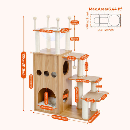 Stylish wood cat tower with scratching posts and cozy condo.