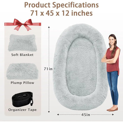 Oversized 71x45x12 Memory Foam Bed with Pillow, Blanket & Strap. Custom Grey Memory Foam Bed for Adults & Large Pets.