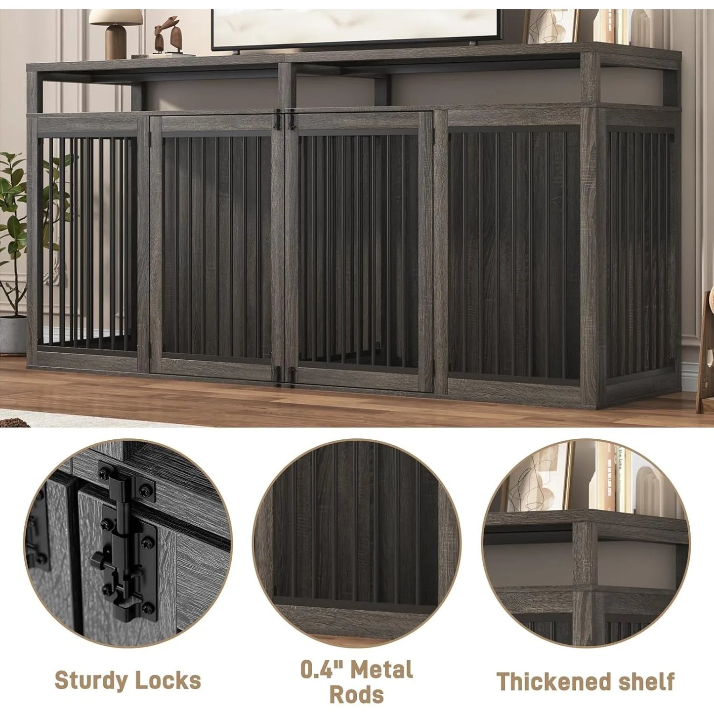 Bring farmhouse charm and heavy‑duty function into your home with this 87" wooden dog crate TV stand. Built for two large dogs, it features solid metal doors, a spacious dual‑kennel layout, and a sturdy furniture‑grade