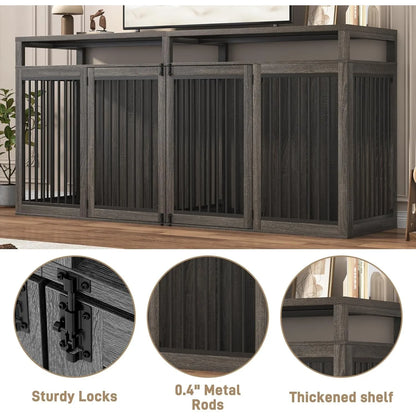 Bring farmhouse charm and heavy‑duty function into your home with this 87" wooden dog crate TV stand. Built for two large dogs, it features solid metal doors, a spacious dual‑kennel layout, and a sturdy furniture‑grade