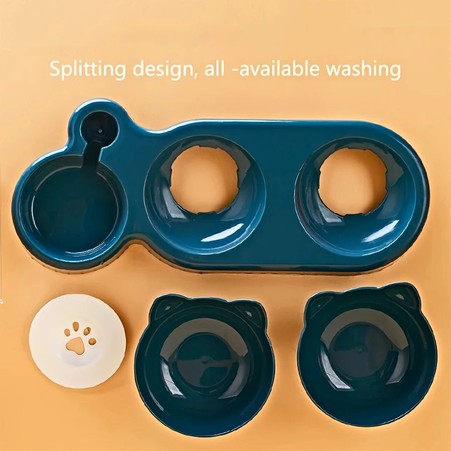 Pet Bowls With Water Feeder, 3 In 1 Design Tilted Cat Water and Food Bowl Set