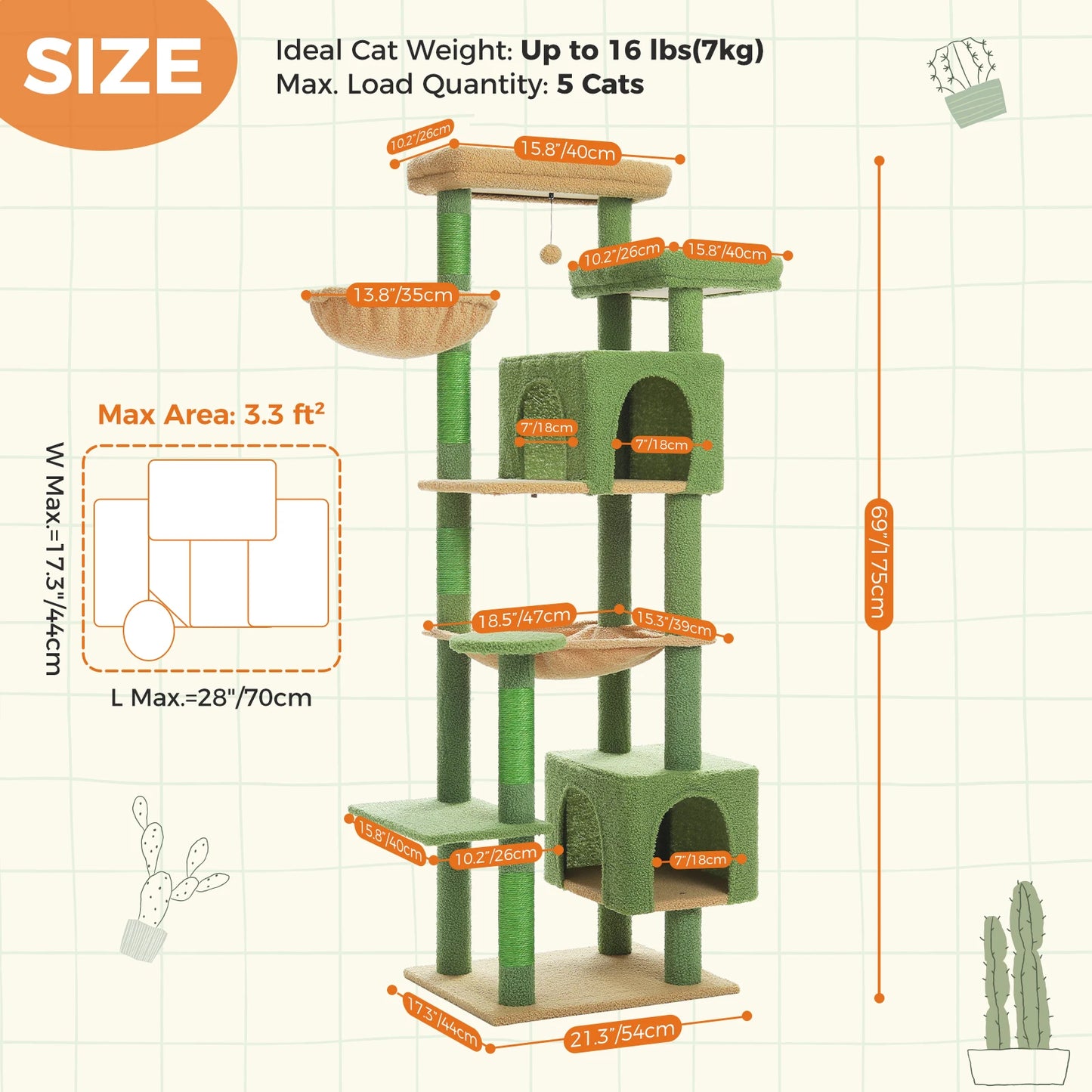 Sturdy Multi-Level Cat Tree Tower with Hammock, Condo & Perch