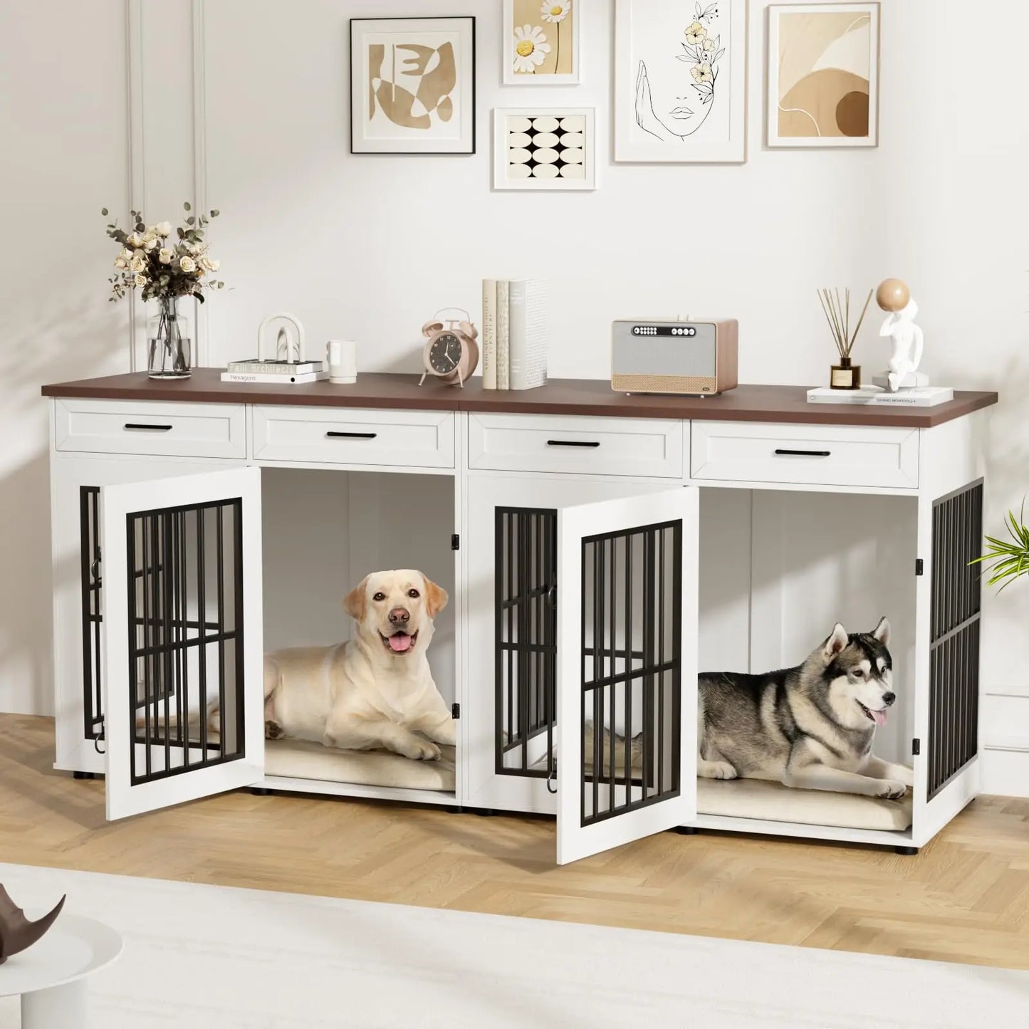 Transform your space with this extra‑large 86.7" double dog crate furniture — a stylish wooden kennel that doubles as a modern TV stand. Built for two large dogs, it features a removable divider, heavy‑duty construction