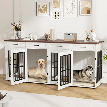 Transform your space with this extra‑large 86.7" double dog crate furniture — a stylish wooden kennel that doubles as a modern TV stand. Built for two large dogs, it features a removable divider, heavy‑duty construction
