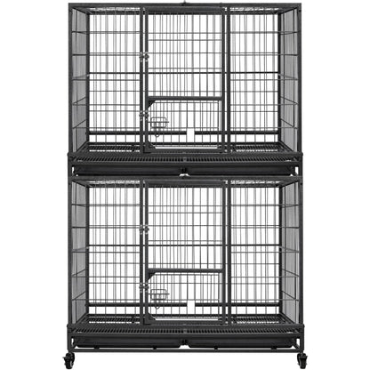 43'' Stackable Heavy Duty Metal Dog Crate Cage, 2 Tiers Escape Proof Dog Kennel w/Open Top, Lockable Wheels, Removable Tray for
