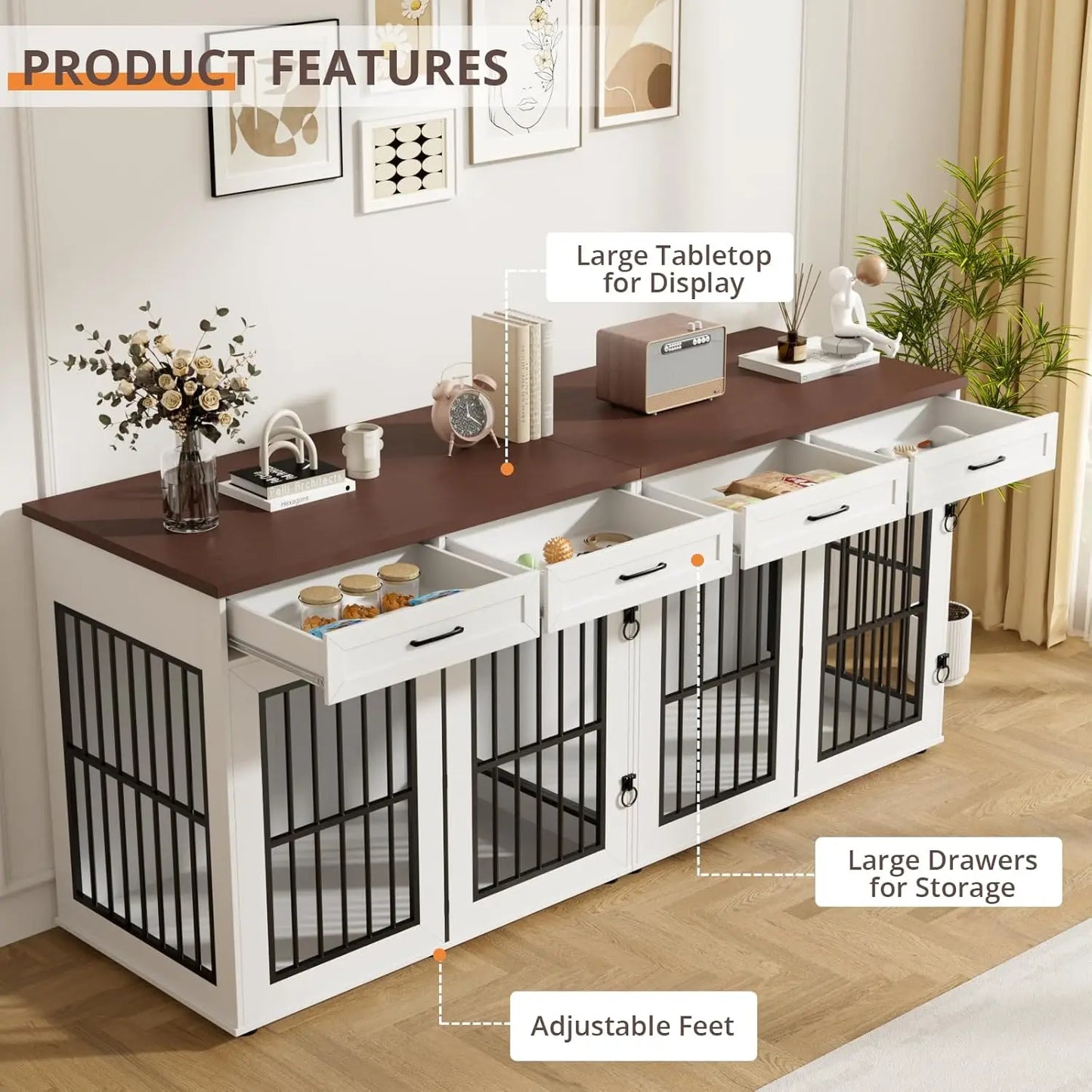 Transform your space with this extra‑large 86.7" double dog crate furniture — a stylish wooden kennel that doubles as a modern TV stand. Built for two large dogs, it features a removable divider, heavy‑duty construction