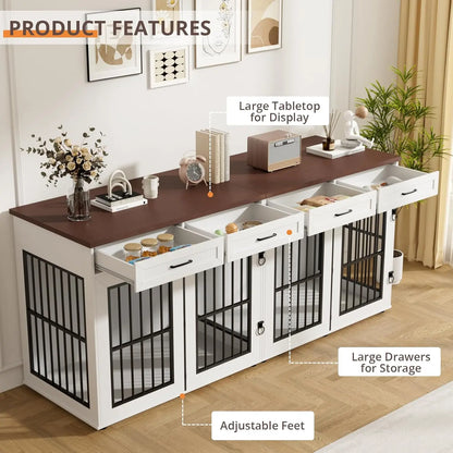 Transform your space with this extra‑large 86.7" double dog crate furniture — a stylish wooden kennel that doubles as a modern TV stand. Built for two large dogs, it features a removable divider, heavy‑duty construction
