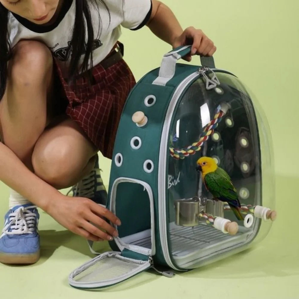 Portable Bird Carrier Backpack – Acrylic Cage with Perch & Tray, Parrot Backpack Carrier – Acrylic Window, Perch & Bottom Tray.