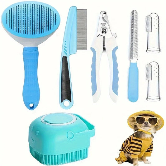 Pet Grooming Kit (7 Pack) – Dog Hair Removal Comb, Flea Comb, Shampoo Brush & Nail Clippers