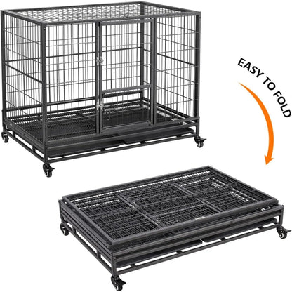 43'' Stackable Heavy Duty Metal Dog Crate Cage, 2 Tiers Escape Proof Dog Kennel w/Open Top, Lockable Wheels, Removable Tray for
