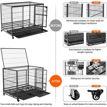 43'' Stackable Heavy Duty Metal Dog Crate Cage, 2 Tiers Escape Proof Dog Kennel w/Open Top, Lockable Wheels, Removable Tray for