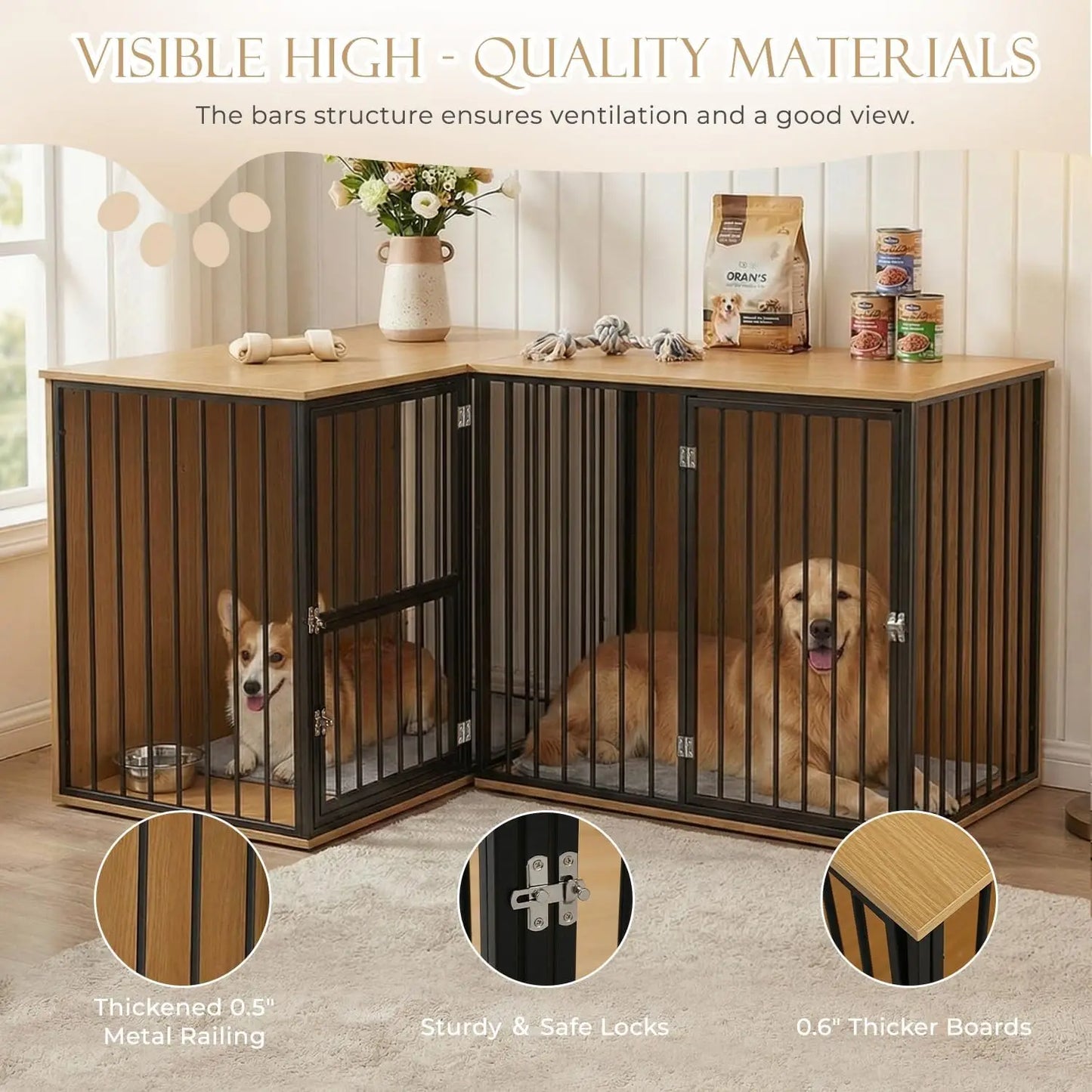 Upgrade your home with this large double dog crate furniture — a heavy‑duty wooden kennel that doubles as a stylish TV stand. Designed for two large breeds, it features an adjustable divider, spacious dual‑kennel layout