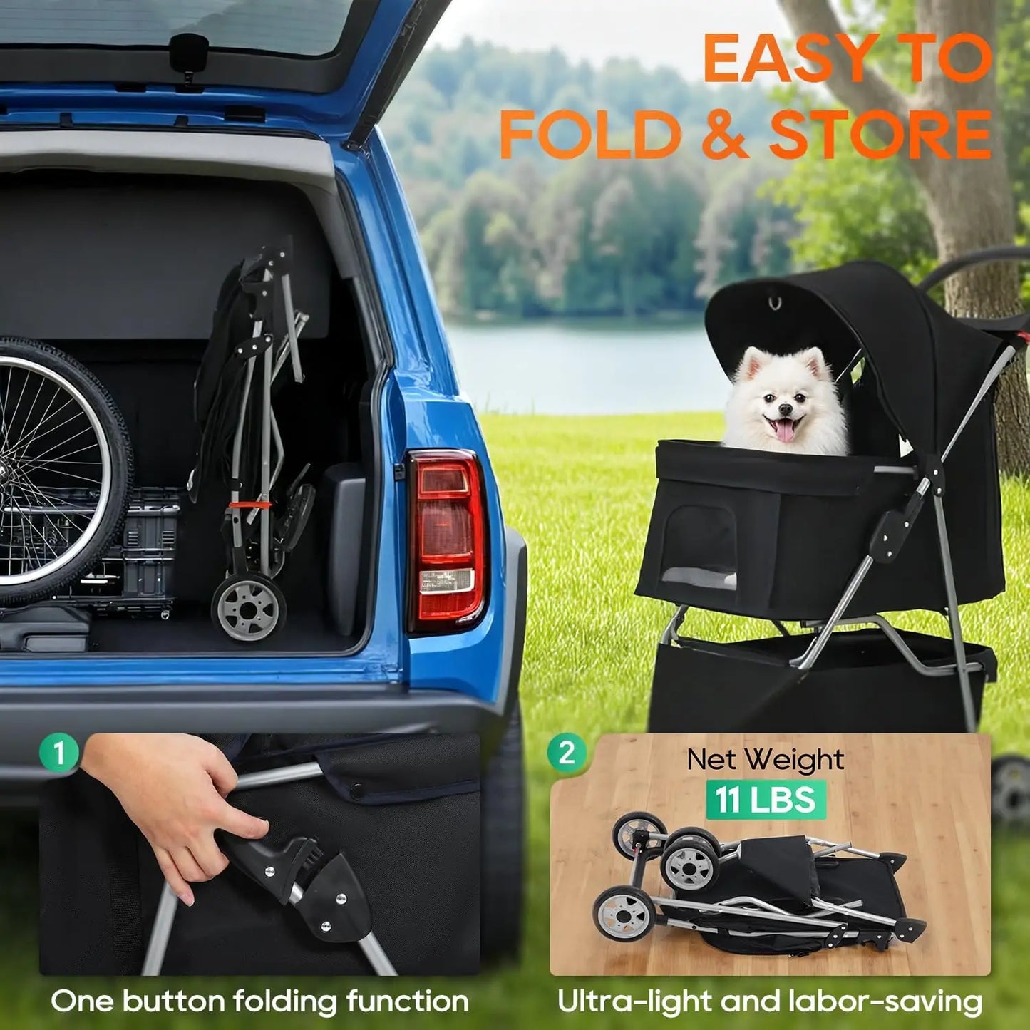 Pet Stroller with Mesh Windows & Storage