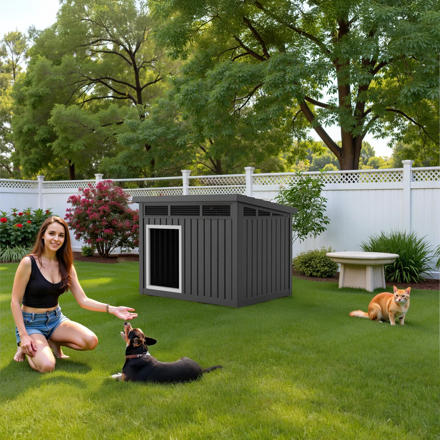 Give your dog a safe, weather‑proof retreat with this insulated resin dog house. The hydraulic‑rod roof opens smoothly for easy cleaning, while the slanted design keeps rain away and the interior stays warm and dry.