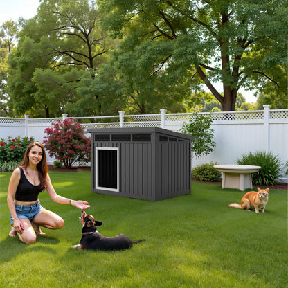 Give your dog a safe, weather‑proof retreat with this insulated resin dog house. The hydraulic‑rod roof opens smoothly for easy cleaning, while the slanted design keeps rain away and the interior stays warm and dry.