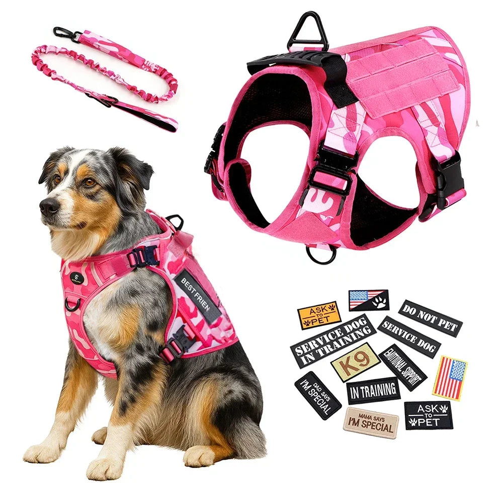 Service Dog Tactical Harness with Hook‑and‑Loop Panels, Military‑Style Pink Dog Harness with Patches.